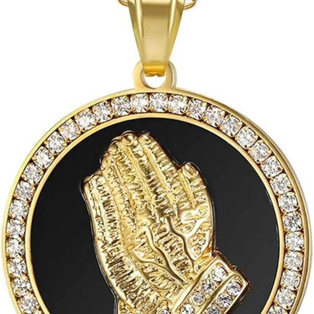 Hip Hop Iced Out Praying Hand Pendant With Mens Chain Gold Color Stainless Steel - Picture 1 of 4